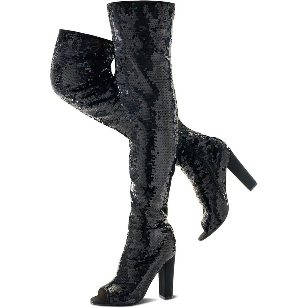 Women Black Sequin Over The Knee High Party Prom Open Toe Chunky High Heel Boot